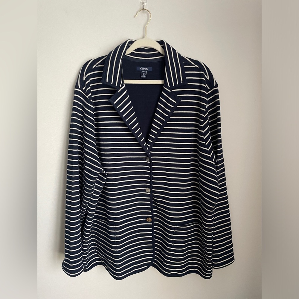 Chaps Knit Cotton Three Button Blazer Navy Blue and White Stripe Women’s Size 3X